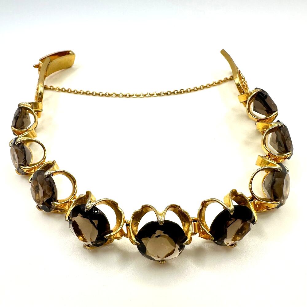 Vintage gold plated genuine brown smoky quartz gemstones tennis bracelet 7.25" - Picture 6 of 9